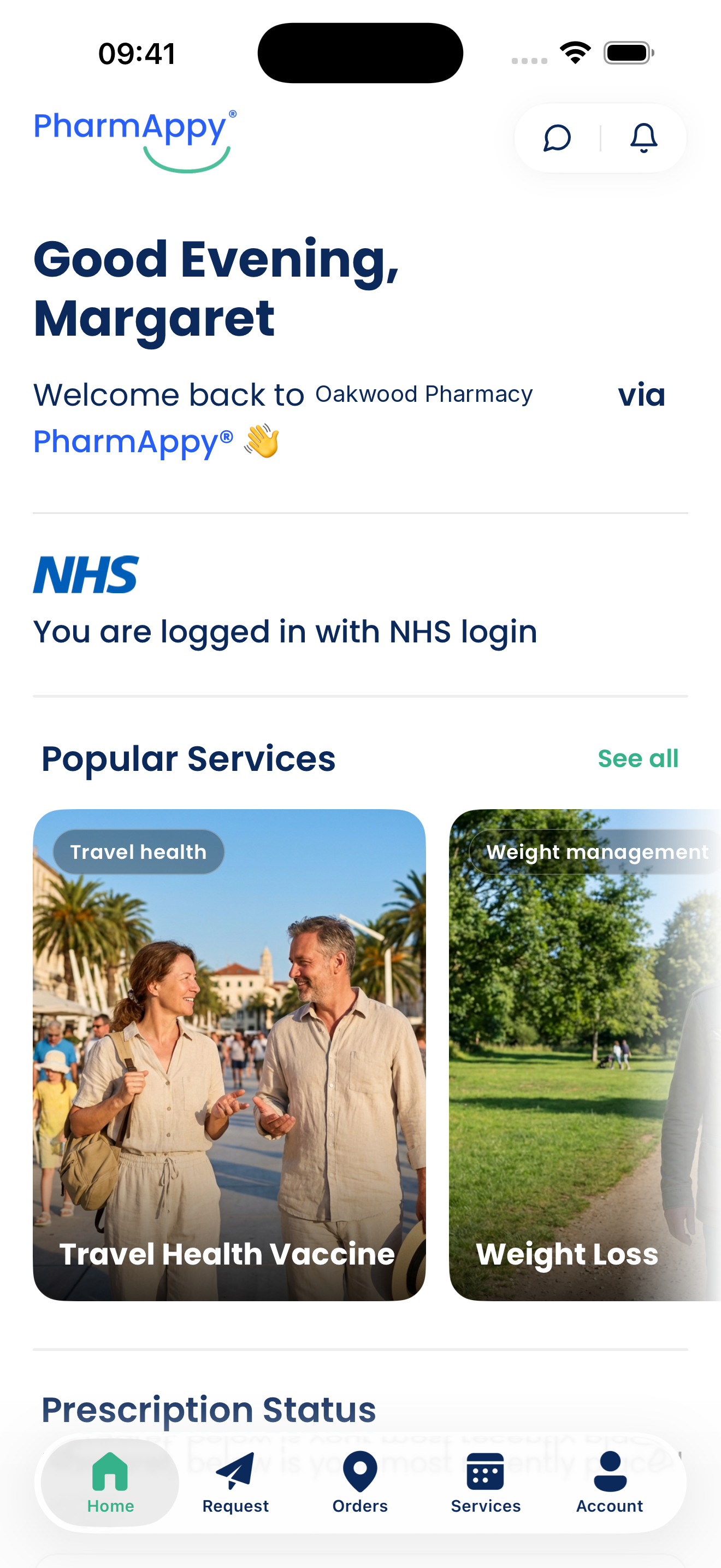 The Oakwood Pharmacy app on PharmAppy, showing NHS login, popular services and prescription status
